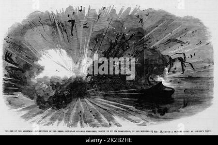 La fine del Merrimack - distruzione del ribel ironclad vapore Merrimack, soffiato dal suo comandante, la mattina del 11th maggio 1862. Illustrazione della guerra civile americana del 19th° secolo dal quotidiano illustrato di Frank Leslie Foto Stock