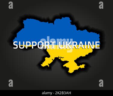 Supporto Ucraina - illustrazione vettoriale. Mappa Ucraina nei colori della bandiera nazionale. Idea concettuale blu e gialla - sostenere il paese Ucraina per il durante l'occupazione russa. Stop alla guerra. Foto Stock