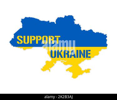 Supporto Ucraina - illustrazione vettoriale. Mappa Ucraina nei colori della bandiera nazionale. Idea concettuale blu e gialla - sostenere il paese Ucraina per il durante l'occupazione russa. Stop alla guerra. Foto Stock