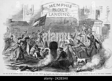 La guerra sul Mississippi - sbarco del capitano Theodorus Bailey e del tenente George Perkins del levee, New Orleans, Louisiana, con una bandiera di tregua, per chiedere la resa della città al governo federale. Maggio 1862. Illustrazione della guerra civile americana del 19th° secolo dal quotidiano illustrato di Frank Leslie Foto Stock