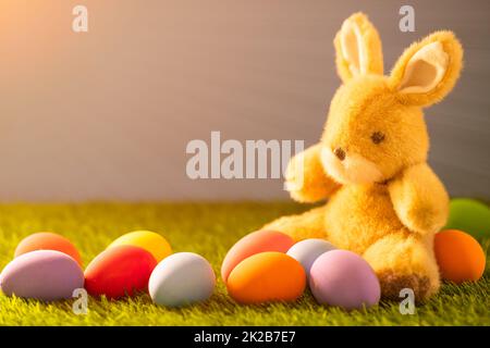 Uova di Pasqua e coniglio su erba Foto Stock