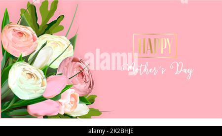 Modello di biglietto di auguri per il giorno della mamma. mockup cartolina pronto per la stampa. Lettere in inglese: Festa della mamma felice. Volantino congratulazioni per la giornata internazionale delle donne. Layout banner Foto Stock