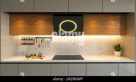 Moderno mobile da cucina in legno e laccato 3D rendering Foto Stock