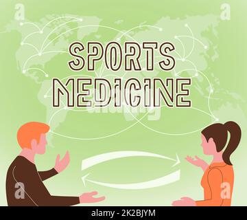 Ispirazione che mostra segno Medicina sportiva, concetto che significa trattamento e prevenzione delle lesioni relative allo sport due compagni di squadra che discutono le nuove idee WO Foto Stock