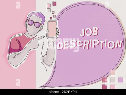 Testo della scrittura Descrizione del lavoro, panoramica aziendale narrazione scritta che mostra i requisiti del progetto Line Drawing per Guy Holding Phone Pere Foto Stock