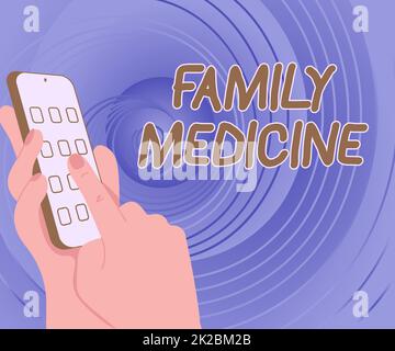 Segno di scrittura della mano Medicina di famiglia. Idea aziendale progettata per fornire assistenza sanitaria di base ai familiari mani Holding dispositivo tecnologico premendo il pulsante applicazione. Foto Stock