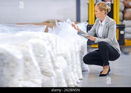 Controllo della qualità delle scorte. Shot di una responsabile di fabbrica femminile che fa un'ispezione delle materie prime. Foto Stock