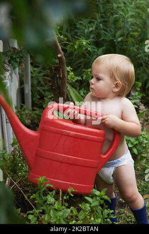 Curioso di sapere come funziona la natura. Un bambino adorabile che innaffia il giardino. Foto Stock