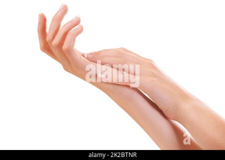 Trattamento mani specializzato. Scatto ritagliato delle mani di un woman. Foto Stock