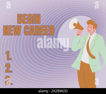 Testo scritto a mano inizia nuova carriera. Concetto del Internet riqualificazione professionale o professionale o occasioni di lavoro Illustrazione di Un uomo che indica via Megaphone che tiene nuovo annuncio Foto Stock