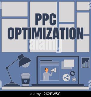 Ottimizzazione PPC per la scrittura a mano del testo. Business idea miglioramento della piattaforma di motore di ricerca per pagare per clic laptop su Un tavolo accanto tazza di caffè e lampada da scrivania che mostra il processo di lavoro. Foto Stock