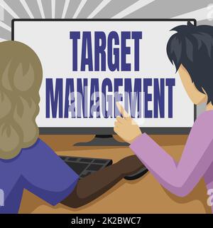 Didascalia di testo che presenta la gestione dei target. Foto concettuale che alimenta il coinvolgimento dei clienti nella coppia aziendale disegnare utilizzando un computer desktop che realizza il proprio lavoro. Foto Stock