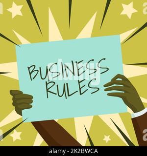 Regole commerciali del segno di scrittura della mano. Parola per una direttiva specifica che vincola o definisce un business Hands Holding Paper che mostra nuove idee circondate da Stelle. Foto Stock
