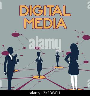 Visualizzazione concettuale supporti digitali. Approccio aziendale contenuto digitalizzato che può essere trasmesso su Internet diversi membri del team in piedi pensiero separato linee connesse sul pavimento. Foto Stock