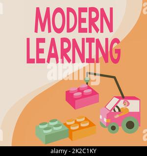 Didascalia concettuale apprendimento moderno. Approccio aziendale impostazione flessibile e agile ambienti di apprendimento innovativi Man in Crane muoversi intorno blocchi presentando nuove idee. Foto Stock