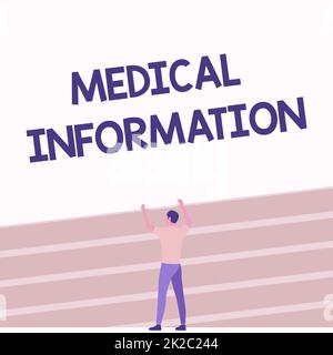 Scrittura manuale informazioni mediche. Parola scritta sulle informazioni relative alla salute di un paziente o di una persona Athletic Man in piedi sul campo di pista che solleva entrambe le mani mostrando Celebration. Foto Stock