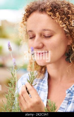 Odorare l'aroma naturale. Una giovane donna carina che odora un rametto di lavanda. Foto Stock