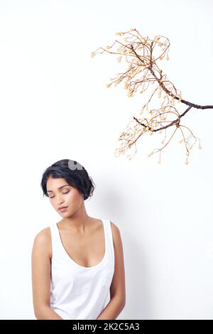Bella come la primavera stessa. Studio girato di una giovane etnia attraente seduta sotto un ramo. Foto Stock