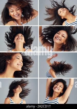 Espressioni di divertimento. Immagine composita di una giovane donna spensierata in posa in studio. Foto Stock