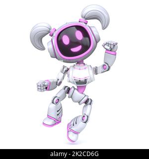 Cute rosa ragazza robot felice salto 3D Foto Stock