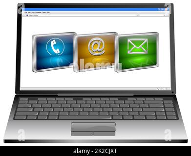 Laptop con pulsanti contattaci - illustrazione 3D Foto Stock