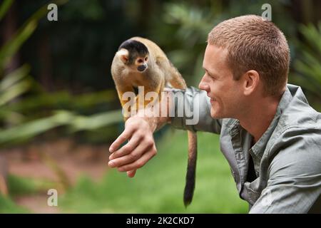 Ciao ragazzo piccolo. Sparato di un giovane che interagisce con una piccola scimmia in un parco faunistico. Foto Stock