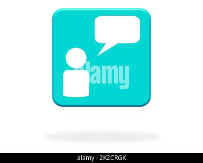 Persona con icona a forma di bolla sul pulsante azzurro con ombra Foto Stock
