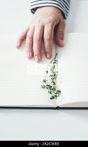 Studiare le piante è che cosa fa. Scatto ritagliato di una mano femminile irriconoscibile che tocca un notebook aperto su cui è posizionato un campione di piante. Foto Stock