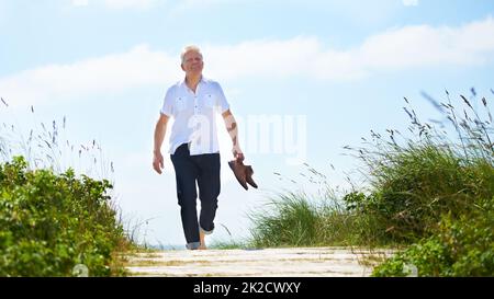 Camminando a piedi nudi attraverso il parco. Un uomo anziano che cammina attraverso un parco con le sue scarpe in mano. Foto Stock