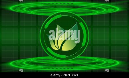 Abstract 3D illustrazione grafica per il concetto di energia verde - foglie verdi in cornice circolare tra gli elementi HUD Foto Stock