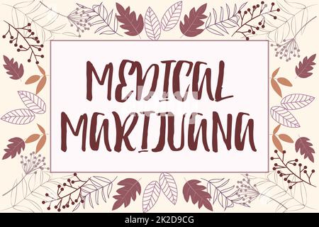 Visualizzazione concettuale Marijuana Medica. Concetto di business raccomandato esaminando come trattamento di una condizione medica cornice di testo circondato da fiori assortiti cuori e foglie. Foto Stock
