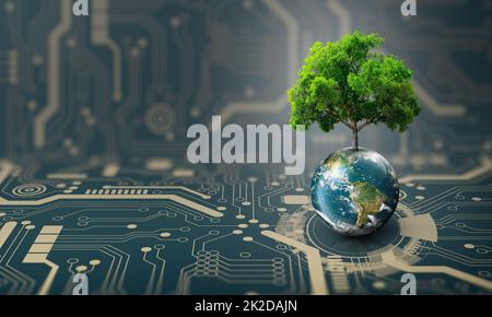 Albero che cresce sulla Terra. Convergenza digitale e tecnologica con background tecnologico. Green Computing, Green Technology, GREEN IT, csr ed etica IT Foto Stock