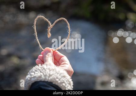 collegamento alla natura e agli alberi attraverso il simbolo del cuore del cordone Foto Stock