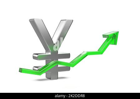Simbolo Yen giapponese o Yuan cinese con freccia verde rivolta verso l'alto. Foto Stock