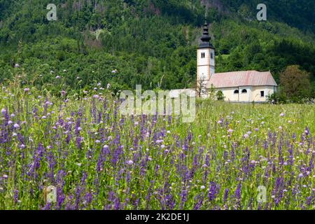 Chiesa di Jereka vicino al lago di Bohinj in Slovenia Foto Stock