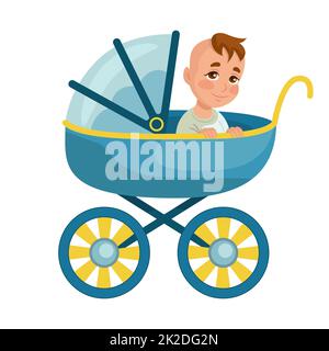 Bambino in un passeggino blu su sfondo bianco - Vector Foto Stock