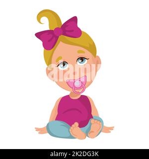 Bambina con un succhietto in bocca, isolare su sfondo bianco - Vector Foto Stock