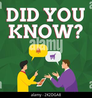 La visualizzazione concettuale ha fatto Knowquestion. Vetrina aziendale chiedendo se hai già conosciuto qualcosa di due uomini colleghi in piedi condividere pensieri insieme con Speech Bubbles Foto Stock