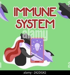 Didascalia di testo che presenta il sistema immunitario. Sistema di difesa ospite di approccio di affari che comprende molte strutture biologiche Lady schermo di pressione del telefono mobile che mostra la tecnologia futuristica. Foto Stock