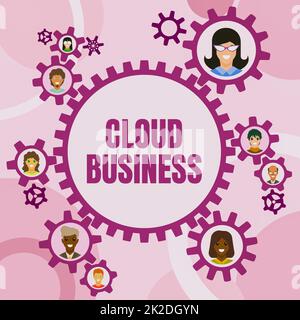 Ispirazione che mostra Sign Cloud Business. Parola scritta sul computing che si basa su risorse di computing condivise colleghi presentati all'interno di ruote dentate che mostrano la definizione di lavoro di squadra Foto Stock