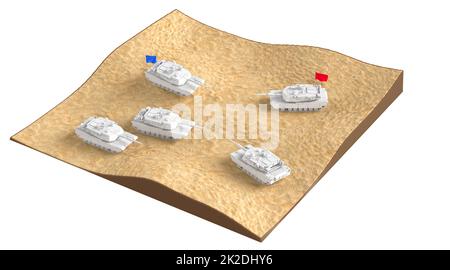 Due squadre di carri armati su un campo di battaglia. Concetto militare. 3D illustrazione Foto Stock