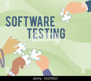 Test del software di visualizzazione concettuale. Analisi generale del business fornire informazioni sulla qualità dell'IT Illustrazione di mani tenere Jigsaw Puzzle pezzi aiutare ciascuno gli altri. Foto Stock