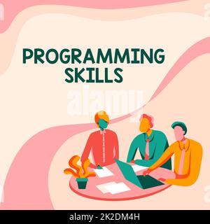 Ispirazione che mostra le abilità di programmazione dei segni. Concetto che significa competenze vitali per scrivere un programma in modo che il computer possa elaborare i colleghi disegnare seduti su Una scrivania con notebook che hanno discussione. Foto Stock