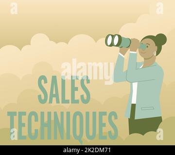 Didascalia di testo che presenta le tecniche di vendita. Metodi di concetto di affari che i professionisti di vendite usano per generare il reddito Donna che guarda attraverso il telescopio tenuto a mano che vede le nuove occasioni. Foto Stock