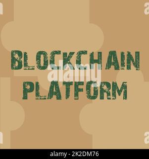 Cartello di testo che mostra la piattaforma Blockchain. Foto concettuale con un linguaggio di scripting che risolve molti casi Line Illustrated sfondi con varie forme e colori. Foto Stock