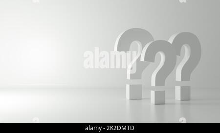 Concetto di punti interrogativi in grigio stanza vuota 3D rendering Foto Stock