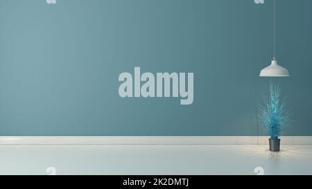 Camera vuota con parete blu chiaro e pavimento in legno bianco 3D rendering Foto Stock
