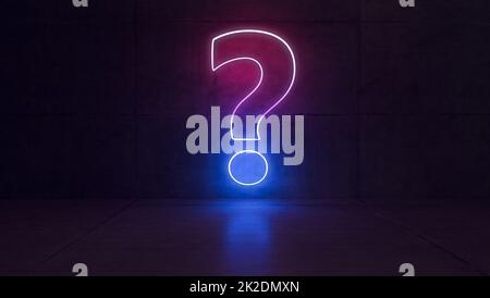 Concetto di punti interrogativi chiari al neon nel rendering 3D della camera vuota in cemento scuro Foto Stock