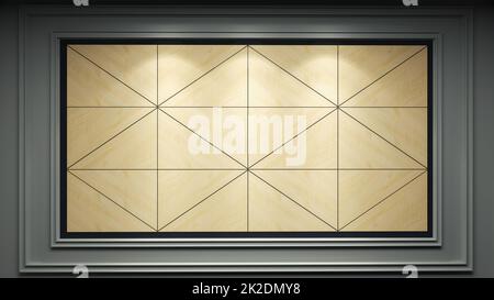 Idea di arredamento in legno da parete creata con geometria triangolare moduli in legno rendering 3D Foto Stock