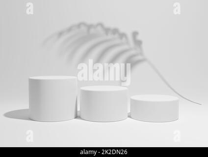 Bianco, grigio chiaro, nero e bianco, 3D rendering di un semplice, minimal display del prodotto composizione sfondo con tre podi o stand e palme foglia ombra sullo sfondo per i prodotti della natura Foto Stock